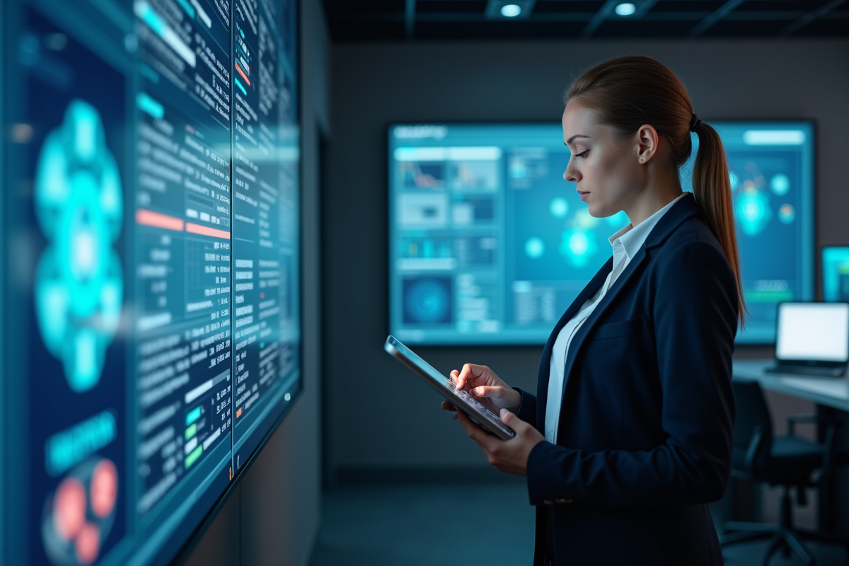Jeune femme administratrice réseau avec tablette devant écran hightech