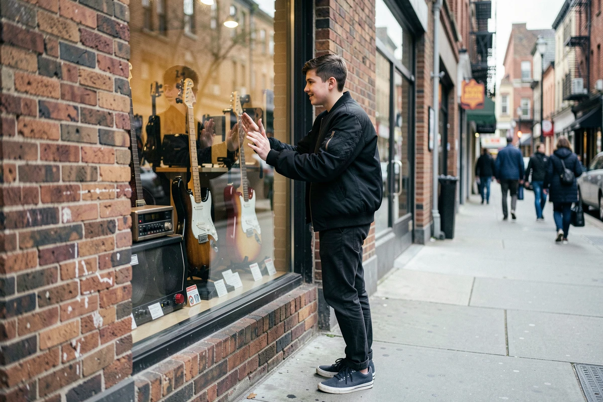 Adolescent de 17 ans devant la vitrine d'un magasin de musique en ville, regardant des guitares et équipements audio avec admiration