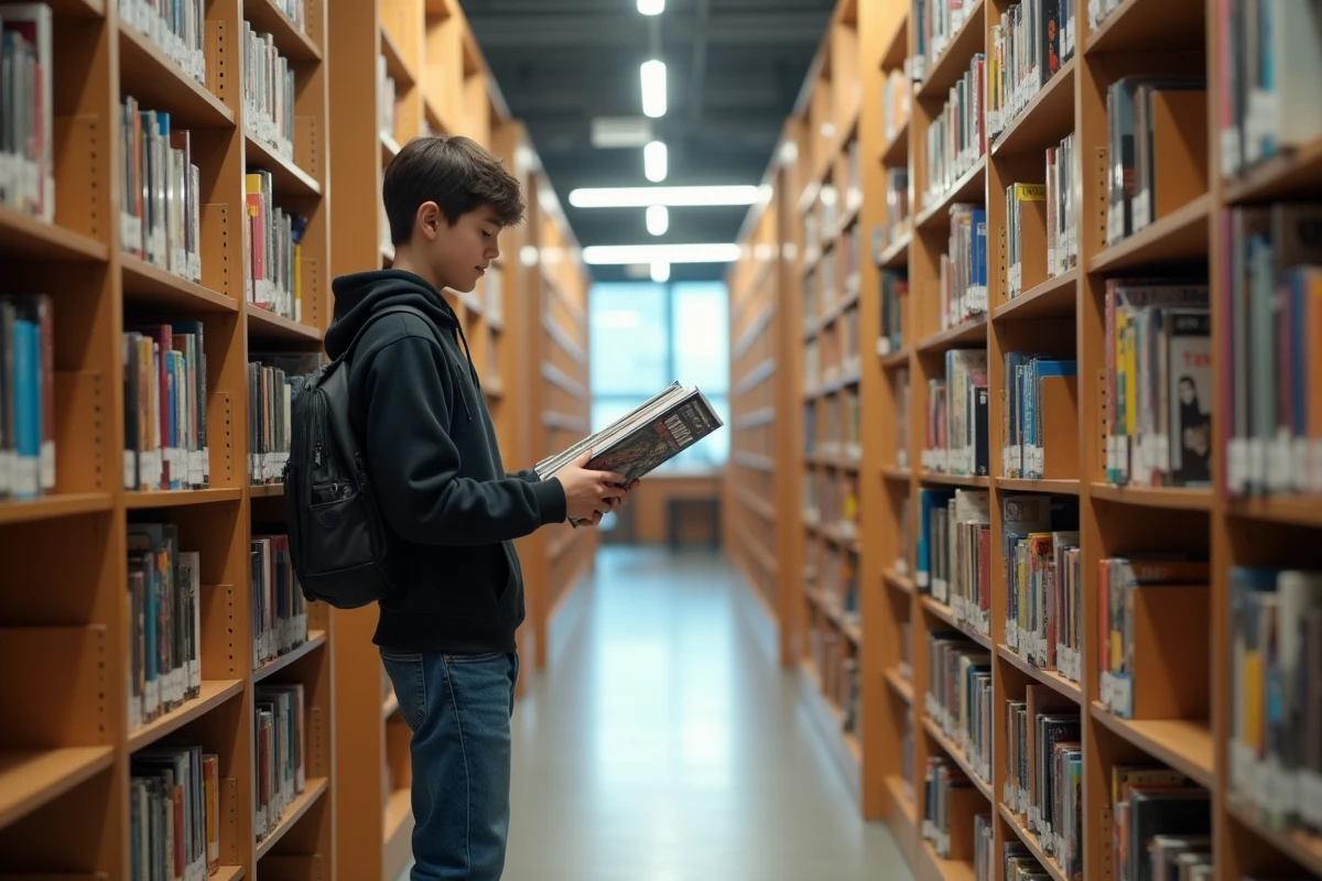 Adolescent souriant découvrant un manga en bibliothèque