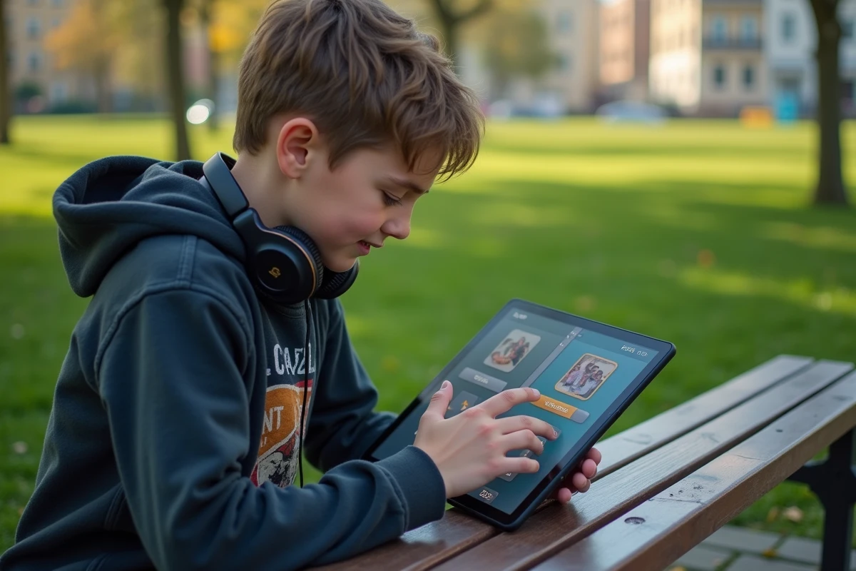 Adolescent avec casque utilisant une tablette dans un parc