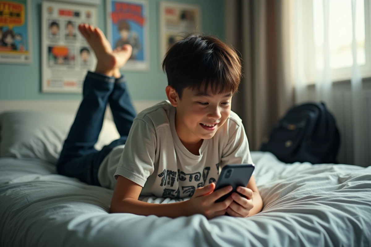Adolescent allongé sur son lit en train de lire des chapitres de scan manga sauvegardés hors ligne sur son smartphone
