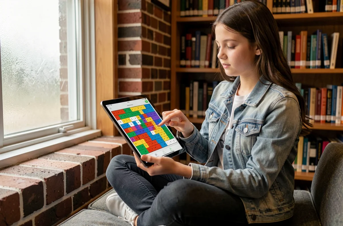 Adolescente résolvant une énigme de QI sudoku sur tablette dans une bibliothèque scolaire, test de logique numérique
