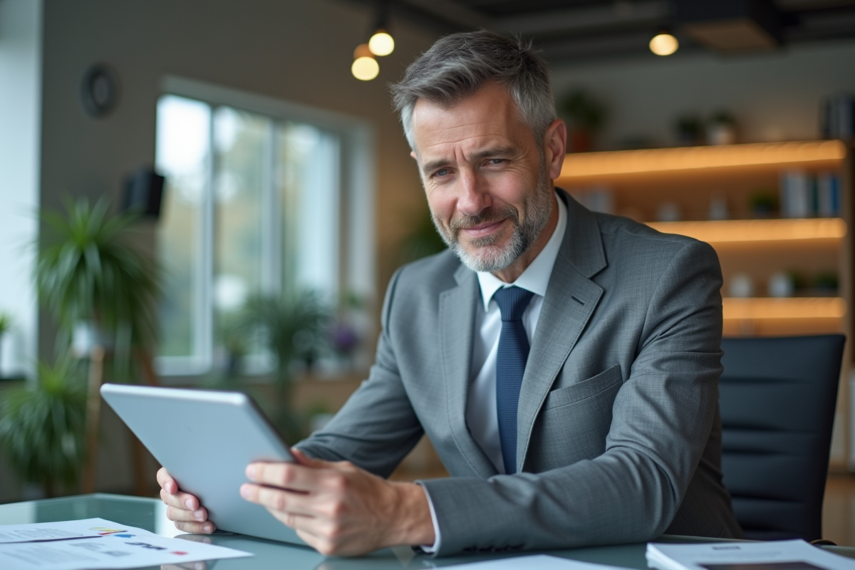 Agent immobilier montrant des options sur une tablette dans un bureau