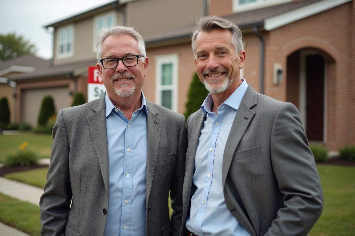 Agent immobilier homme devant une maison en vente