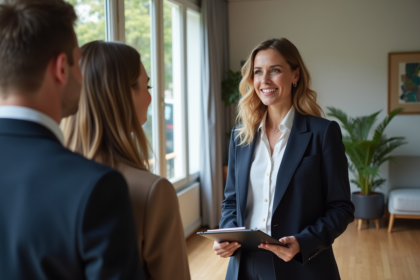 Agent immobilier confiante dans un appartement parisien
