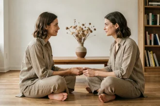 Deux femmes connectées spirituellement se tenant les mains dans un intérieur zen minimaliste, symbolisant un lien karmique positif
