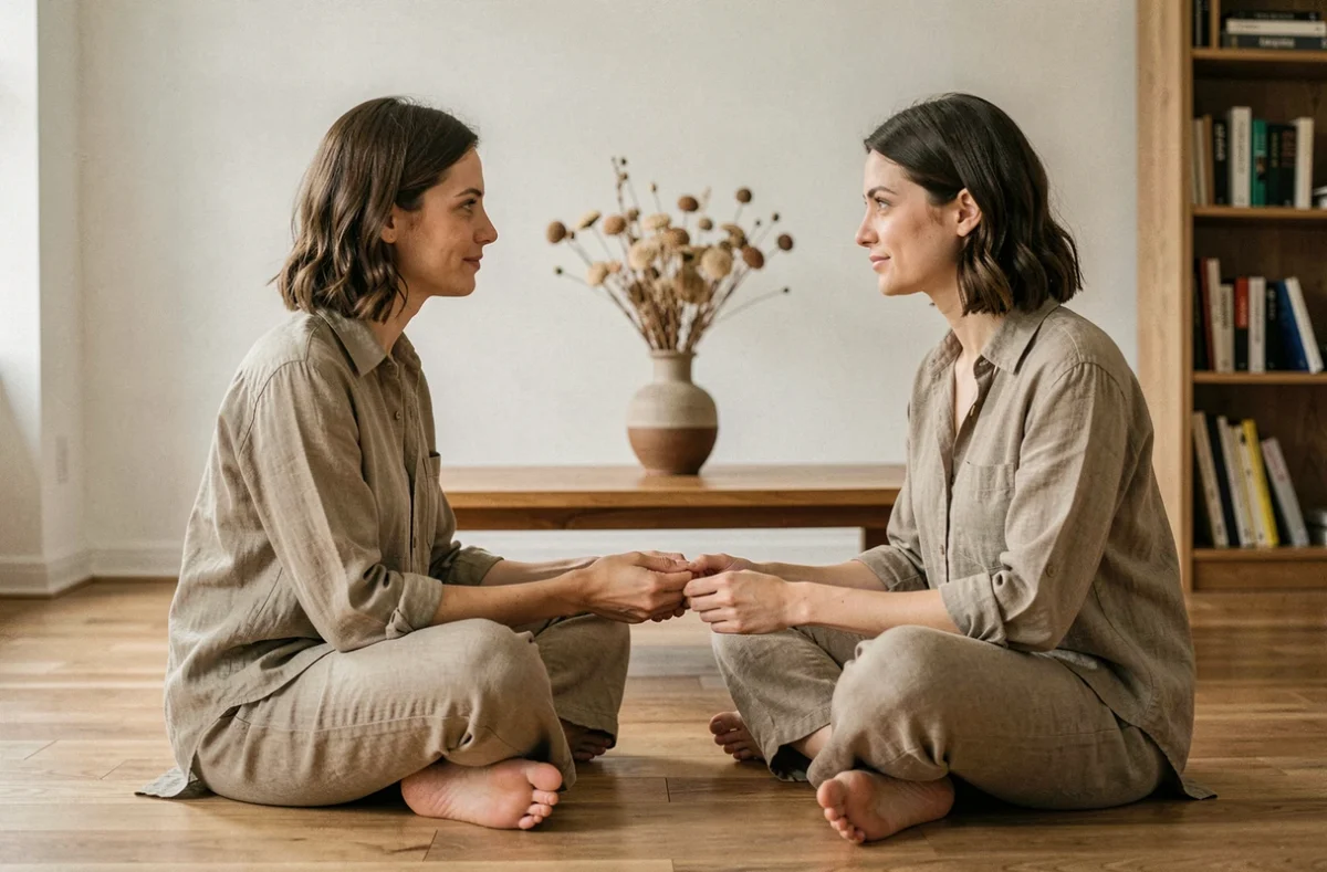 Deux femmes connectées spirituellement se tenant les mains dans un intérieur zen minimaliste, symbolisant un lien karmique positif
