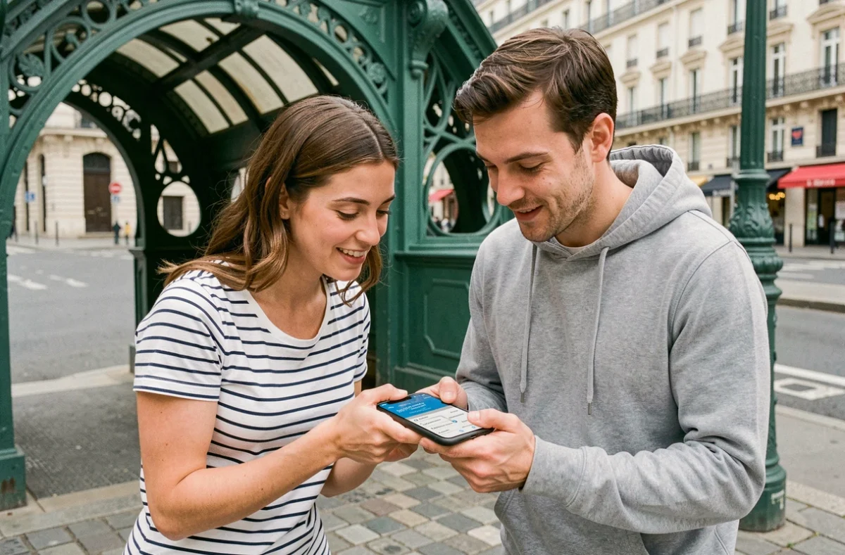 Deux amis consultant une application de navigation du métro de Paris sur smartphone devant une entrée de métro parisienne art nouveau