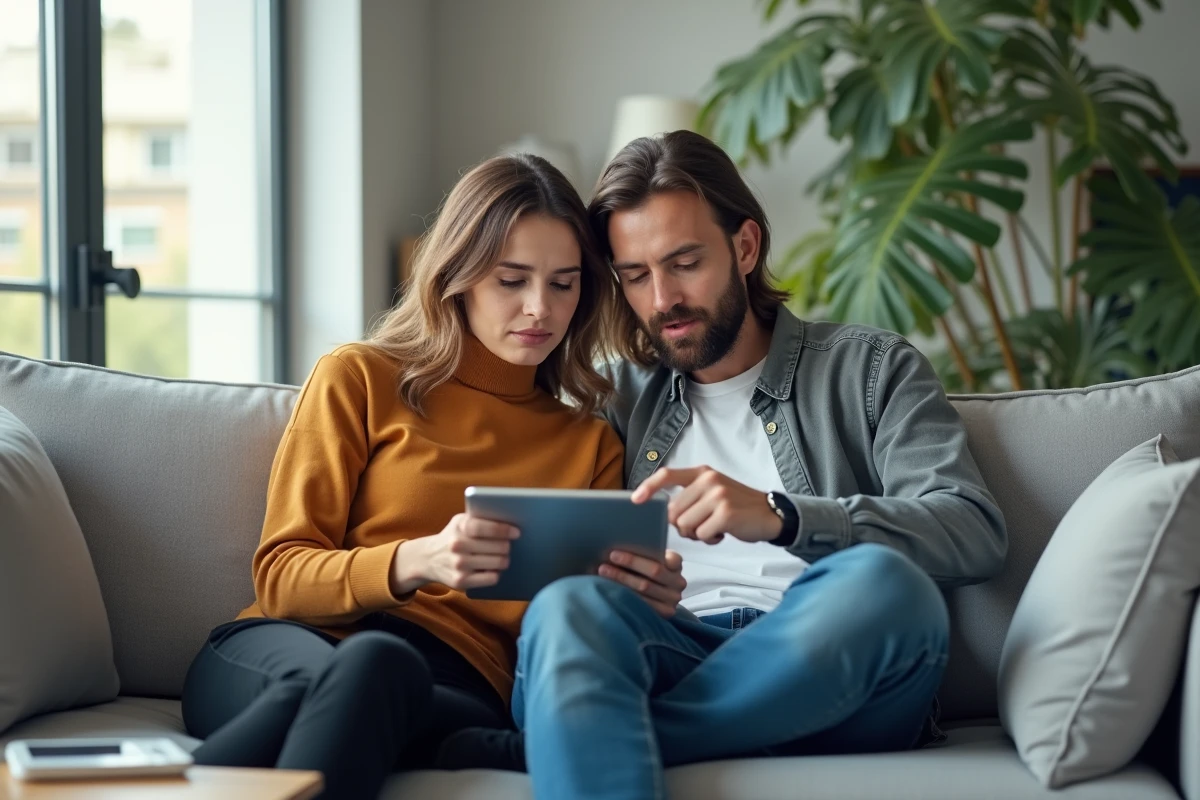 Deux amis examinant ensemble un site de ressources Monopoly GO sur une tablette dans un salon