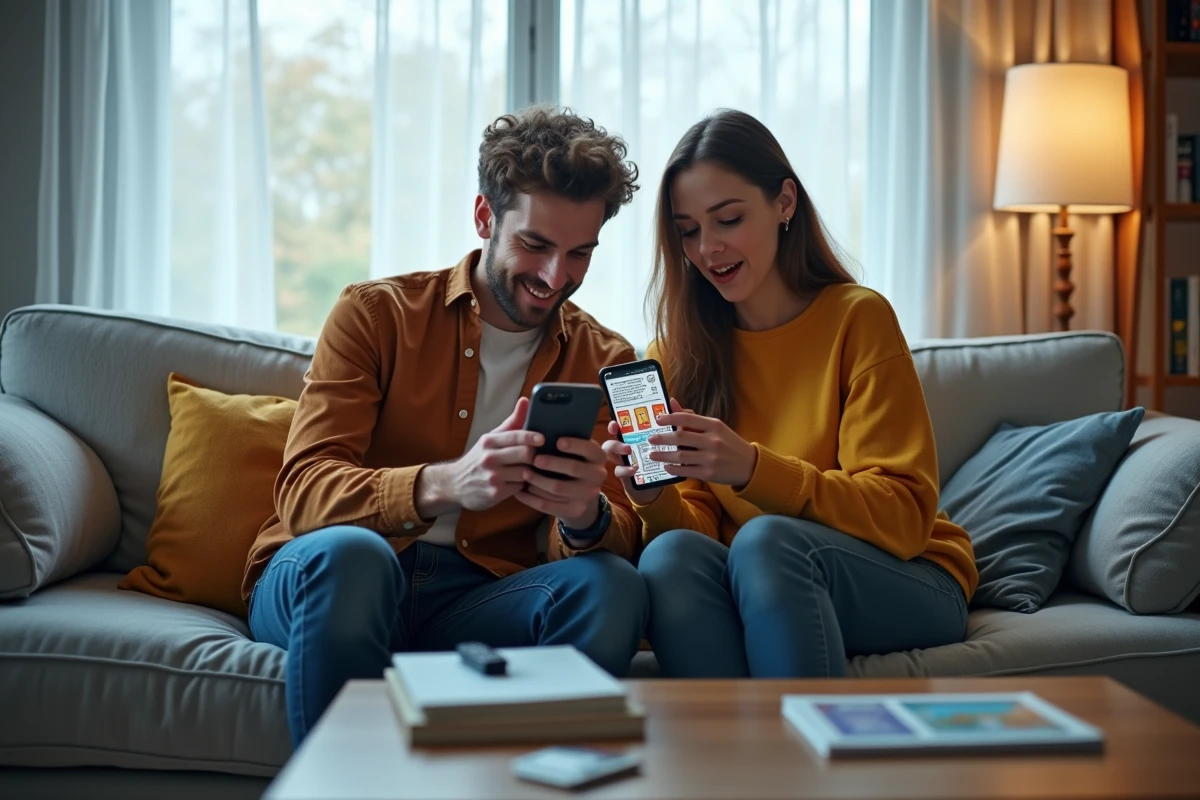 Deux amis lisant ensemble un webtoon manhwa sur smartphone dans un salon contemporain