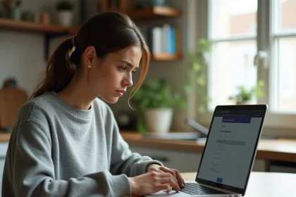 Femme annulant son abonnement Amazon Prime sur un ordinateur portable dans sa cuisine