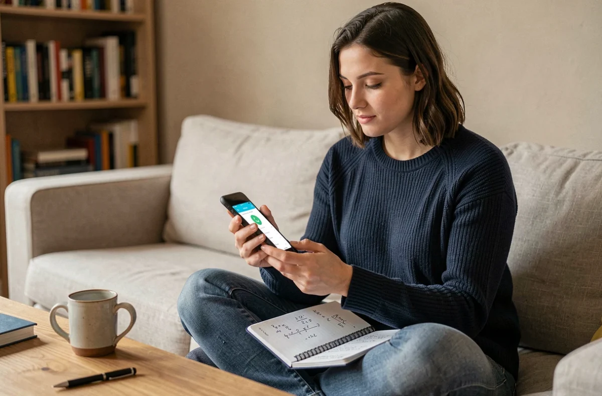 Jeune femme consultant une application de conversion centième d'heure sur son smartphone avec un carnet de formules