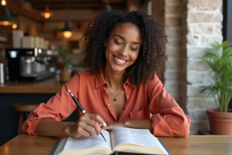 Jeune femme apprenant l'espagnol avec un guide de conversation dans un café chaleureux