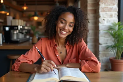 Jeune femme apprenant l'espagnol avec un guide de conversation dans un café chaleureux