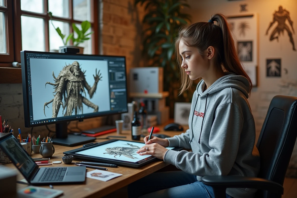 Jeune artiste numérique travaillant sur un modèle de Gears of War