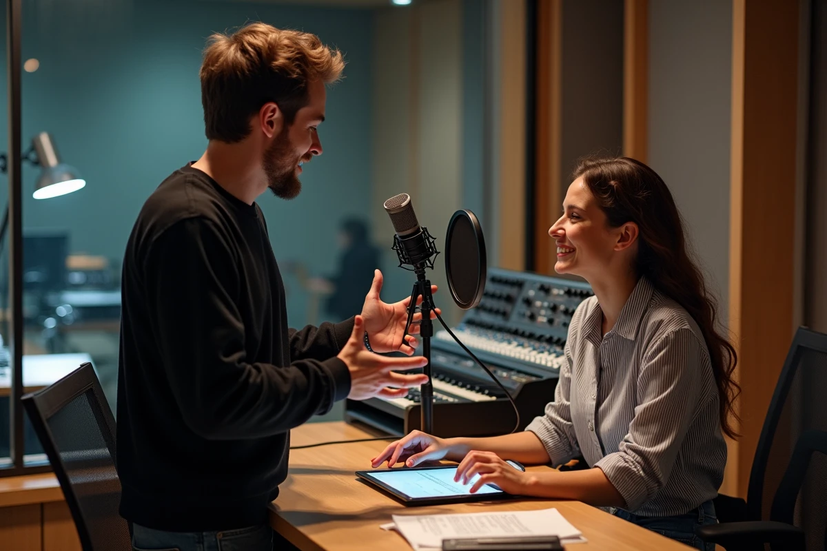 Artiste et ingénieure du son en discussion collaborative dans un studio d'enregistrement professionnel pour définir la direction sonore d'un projet musical