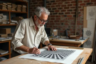 Artiste examinant une lithographie aux motifs géométriques impossibles dans un atelier de gravure, évoquant l'univers d'Escher