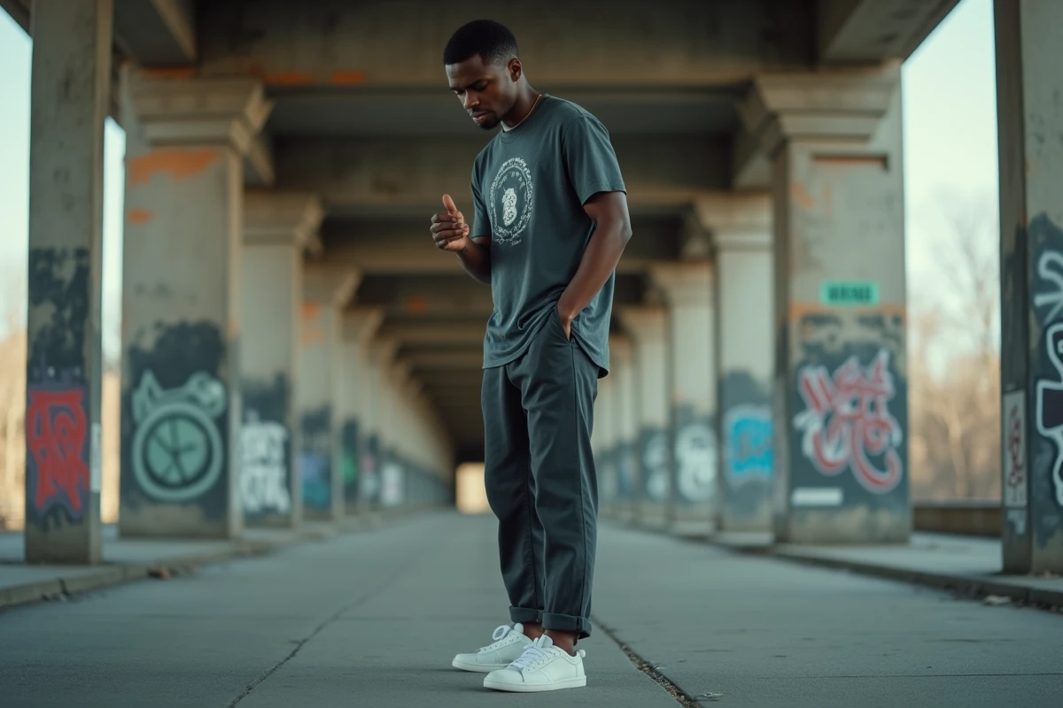 Jeune artiste rap posant dans un tunnel urbain avec des graffitis, ambiance street culture authentique