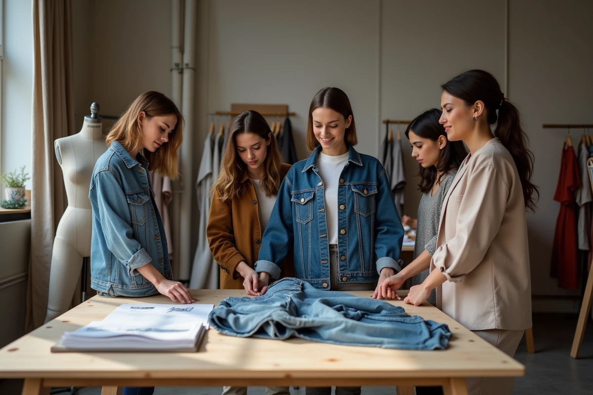 Groupe de créateurs travaillant sur des vêtements recyclés