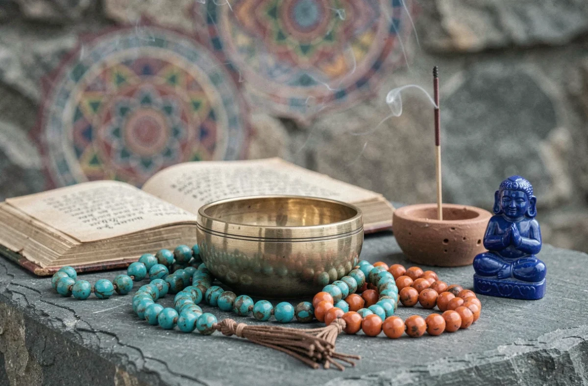Autel tibétain avec bol chantant, perles mala et manuscrit sanskrit symbolisant la quête spirituelle de Shamballa