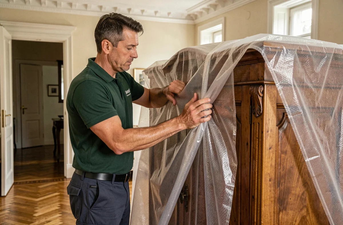Déménageur de l'entreprise Voinet emballant soigneusement une armoire ancienne dans un appartement français