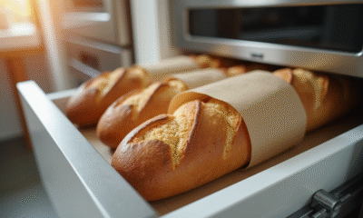 Baguette fraîche enroulée dans papier cuisson dans un congélateur