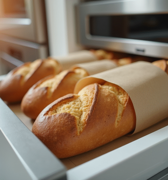 Baguette fraîche enroulée dans papier cuisson dans un congélateur