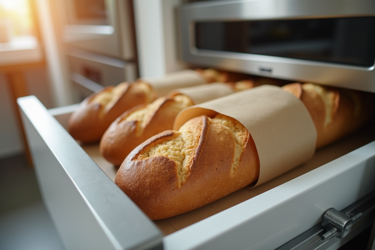 Baguette fraîche enroulée dans papier cuisson dans un congélateur