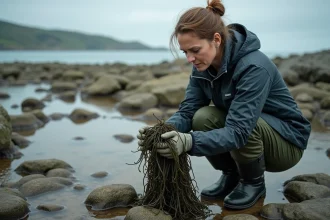 Une biologiste marine examine du goémon sur un rivage rocheux breton à marée basse, mettant en valeur cet trésor écologique méconnu
