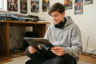 Adolescent de 17 ans assis sur le sol de sa chambre avec un casque audio autour du cou, tenant un vinyle, entouré d'équipements musicaux