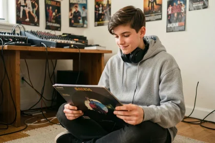 Adolescent de 17 ans assis sur le sol de sa chambre avec un casque audio autour du cou, tenant un vinyle, entouré d'équipements musicaux