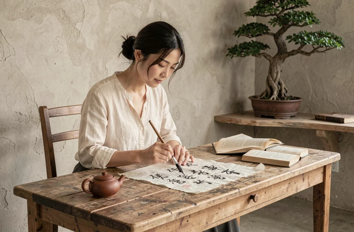 Femme asiatique pratiquant la calligraphie chinoise dans un bureau minimaliste, illustrant la sagesse et la prise de décision