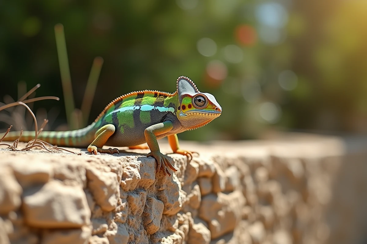 Caméléon en pleine transformation chromatique sur un mur de pierre méditerranéen, illustrant l'évolution secrète et le mécanisme de camouflage du reptile