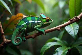 Caméléon vert aux écailles irisées perché sur une branche de forêt tropicale, illustration des origines naturelles de la créature