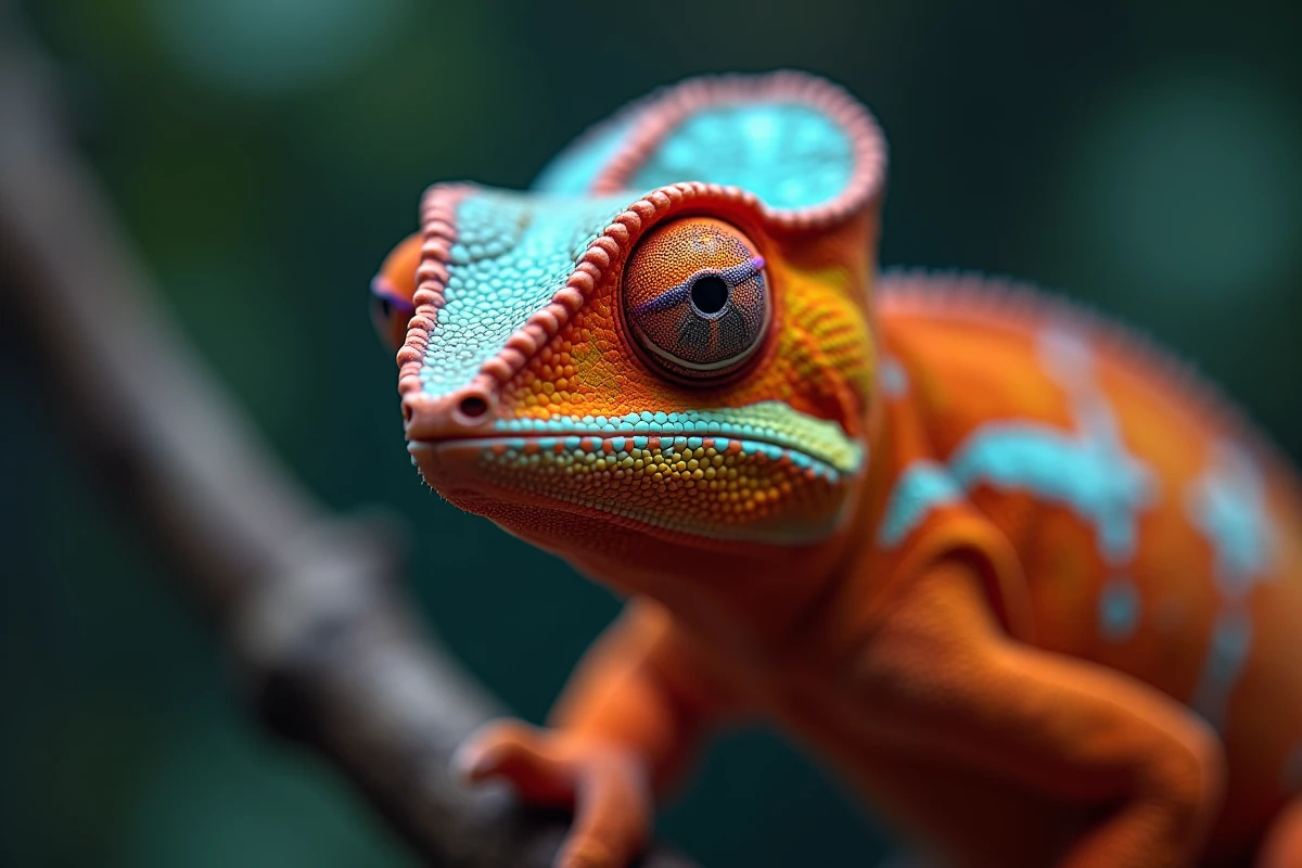 Portrait en gros plan de l'œil d'un caméléon panthère aux teintes orangées et violettes, évoquant la psychologie et la complexité comportementale du reptile