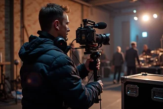 Caméraman professionnel opérant une caméra cinéma lors d'un concert en coulisses, illustration du service de captation vidéo live par Malice-prod.fr