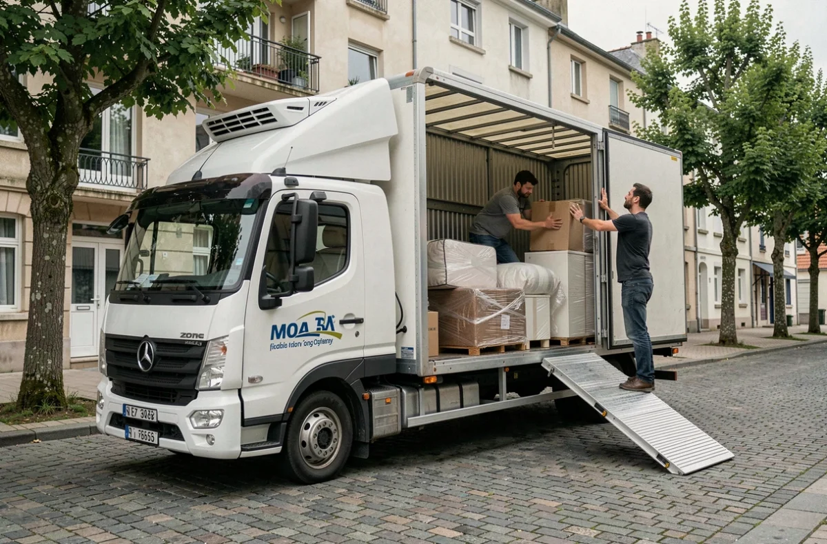 Camion de déménagement et équipe de déménageurs professionnels en ville dans les Côtes-d'Armor