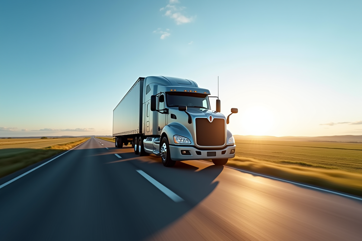 Camion de 38 tonnes roulant sur une route de campagne ensoleillee