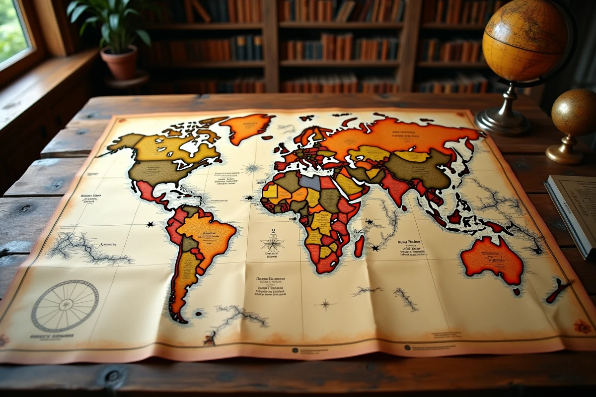 Carte du monde vintage sur parchemin avec loupe dans une salle de cartographie, illustrant le classement des plus grands pays du monde