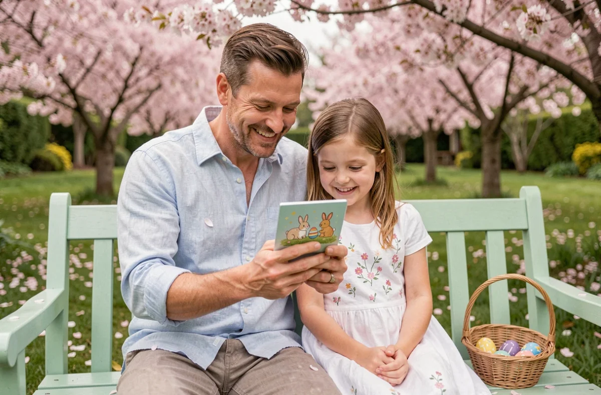 Un père et sa fille regardent ensemble une carte virtuelle de Pâques sur un smartphone dans un jardin fleuri avec des cerisiers en fleurs et un panier d'œufs colorés