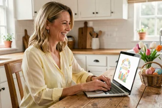 Femme envoyant une carte virtuelle de Joyeuses Pâques depuis son ordinateur portable dans une cuisine lumineuse décorée d'œufs de Pâques et de tulipes printanières