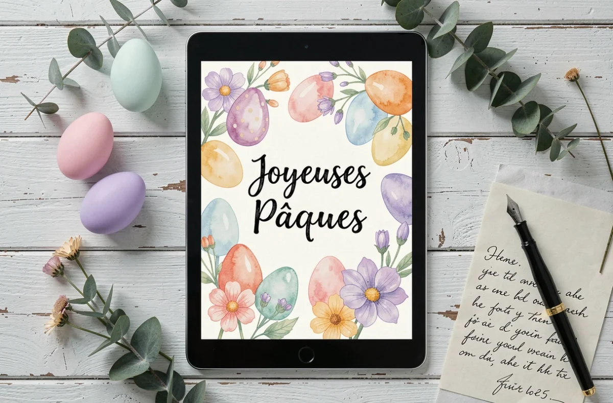 Vue de dessus d'une tablette affichant une carte virtuelle Joyeuses Pâques entourée d'œufs décorés en tons pastels, de brins d'eucalyptus et d'un stylo plume sur bois blanc rustique