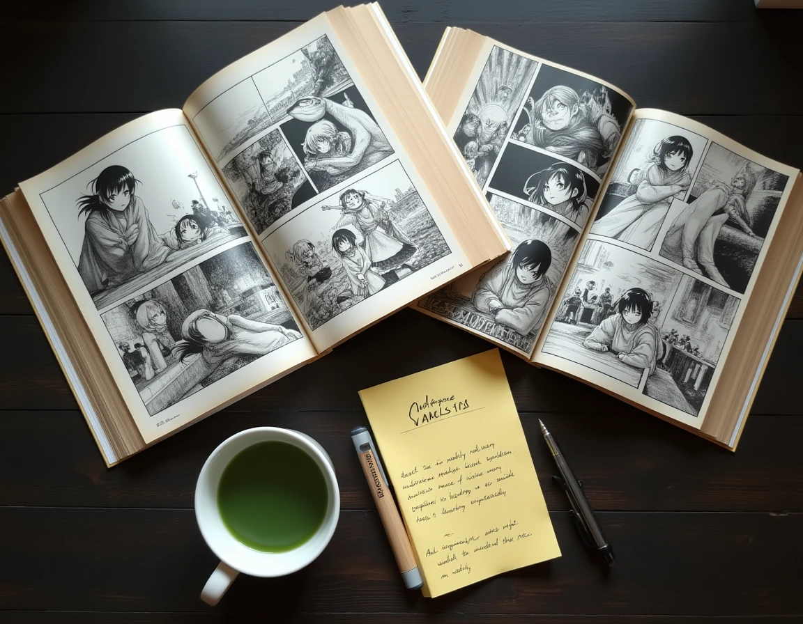 Vue en plongée de chapitres manga One Piece ouverts sur une table en bois avec notes de fan et thé vert