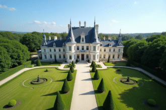 Chateau historique elegant avec jardins soignes et pelouses vertes
