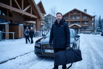 Chauffeur de taxi professionnel en tenue hivernale devant sa berline noire au pied d'une station de ski alpine
