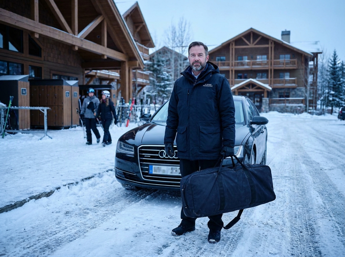Chauffeur de taxi professionnel en tenue hivernale devant sa berline noire au pied d'une station de ski alpine