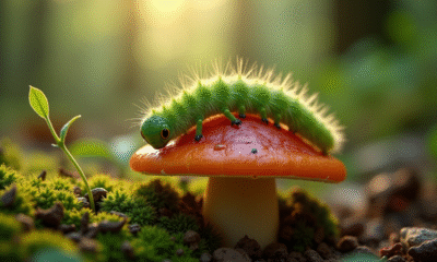 Chenille verte sur un champignon dans la forêt
