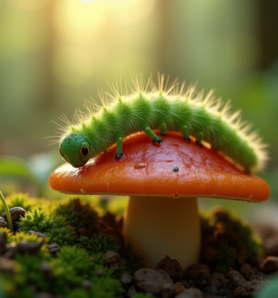 Chenille verte sur un champignon dans la forêt
