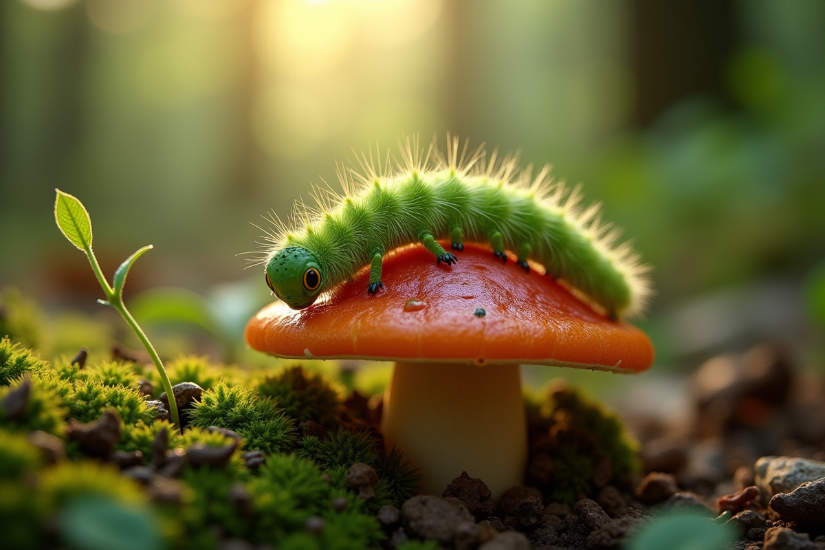 Chenille verte sur un champignon dans la forêt
