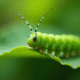 Chenille verte sur feuille saine en macro naturel
